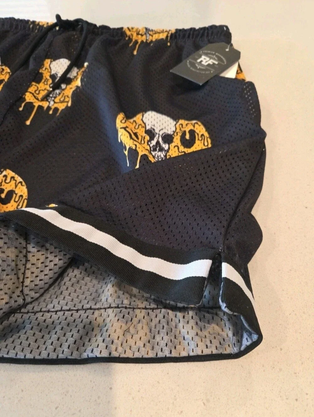 Mens Black Mesh Shorts with Yellow Drip Skull Print XL